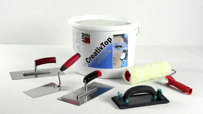 Baumit CreativTop, шпатель с зубцами 10 мм, мастерок, шпатель для нанесения штукатурки, шлифовочный шпатель, и малярный валик для окрашивания